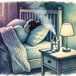 a young woman asleep with a scented atomizer on top of the bedside table beside her. The atomizer is blowing a scented aroma around the room