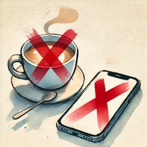 A cup of coffee and a cell phone with large red X marks over them