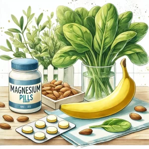 Magnesium tablets, a banana, almond nuts, and spinach on top of a table