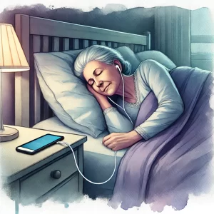 A woman in bed getting sleepy by listening to sound waves from her cell phone