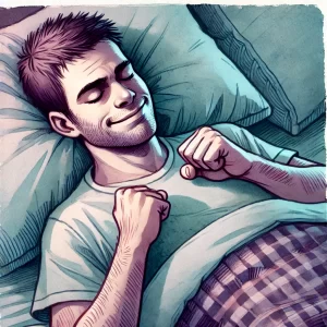 a young man going through a series of tensing his muscles up and then completely relaxing in bed to help him sleep better