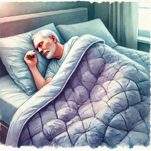 An elderly man sleeping comfortably in bed under a weighted blanket